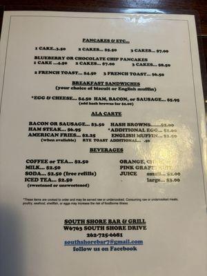 Breakfast menu