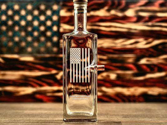 Liberty .50 Cal Bullet Bottle, Sand-carved with a Vertical American Flag