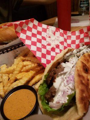 A really fantastic gyro (the lamb, my god) and fries, with the house special "Oh My!" sauce. $8.95, with a drink.