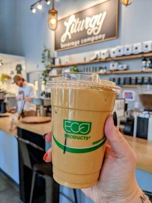 Iced harvest spice latte with oat milk