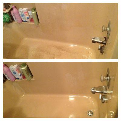 Before and after pictures of a bathtub restoration we did