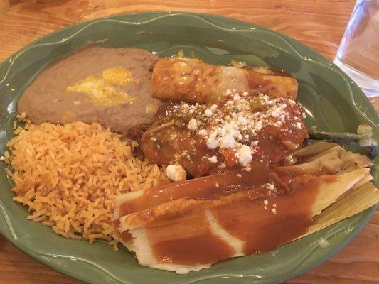 Ground beef enchilada, authentic chili relleno and very tasty pork tamale.