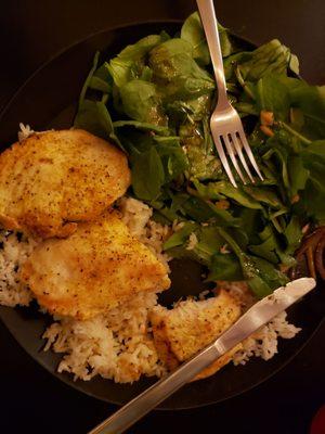 Chicken, rice, spinach salad