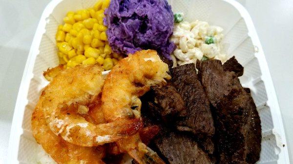 Garlic shrimp, steak, corn, sweet potato & mac. Yum!