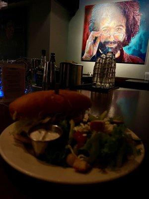 Jerry overseeing my meal of beer battered walleye sandwich