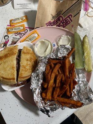 Pastrami sandwich and Sweet Potato Fries