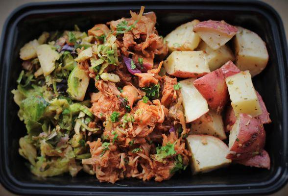 Pulled BBQ Jackfruit: shredded bbq jackfruit with chickpeas, and tofu, roasted red potatoes, and brussels sprout