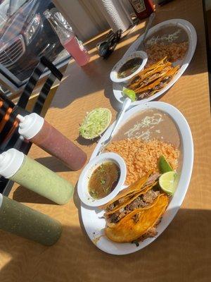 Birria Special...DELICIOUS! Authentic fried tacos with dipping broth. The red sauce is HOT. Customer service was excellent.