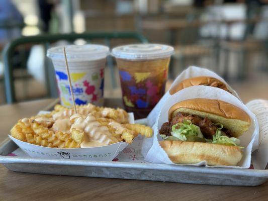 Chicken Sandwich, cheese fries, cookies and cream shake and tea. Yum!