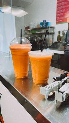 Papaya smoothie and Mango pineapple smoothie (with strawberry instead of pineapple).