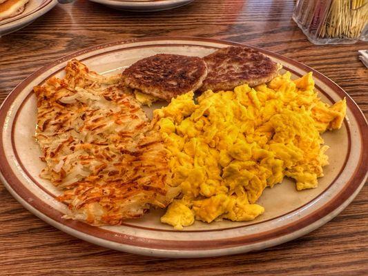 Three Egg, Sausage Patties, and Hash browns.