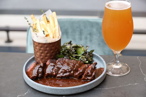 Hanger Steak - 12 oz Hanger Steak, Au Poivre Sauce, Herb Fries, and Watercress Salad