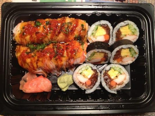 Isn't this beautiful sushi? Really delicious too! Golden Dragon Roll and Futomaki Roll.