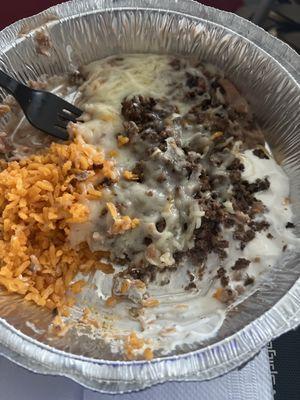 Burrito Bowl with ground beef, cheese, beans and rice One of my favorites