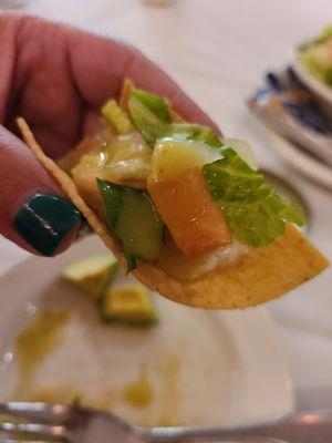 Red snapper ceviche on a corn chip