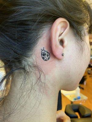 Small ladybug tattoo behind right ear