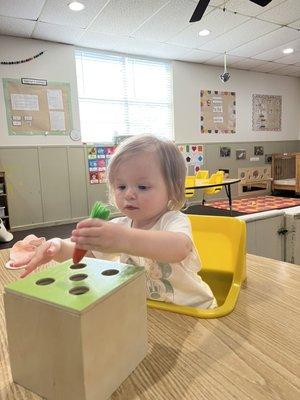 Our Infant  classroom practicing their fine motor skills