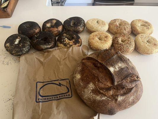 Sesame & poppy bagels & a loaf of bread