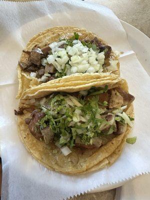 Lengua and carnitas tacos