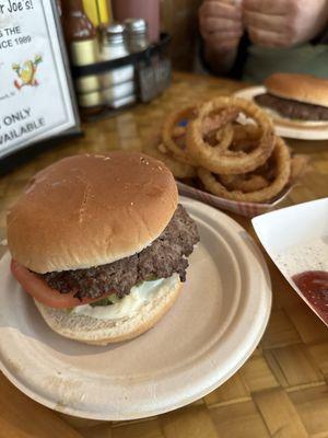 Two burgers and one order of onion rings