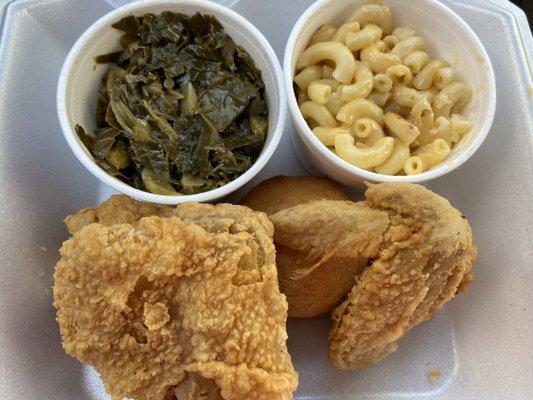 Fried chicken, greens, Mac with no cheese.