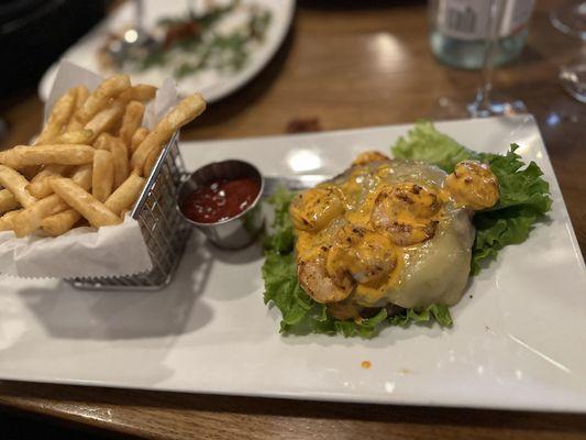 Dynamite burger with no bun and grilled shrimp