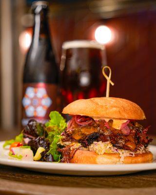 Smoked Beef Cheek Sandwich and a housemade Red IPA!