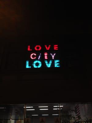 Love City Love neon sign--glass work by Noble Neon, channel letters provided by Lucien Pellegrin