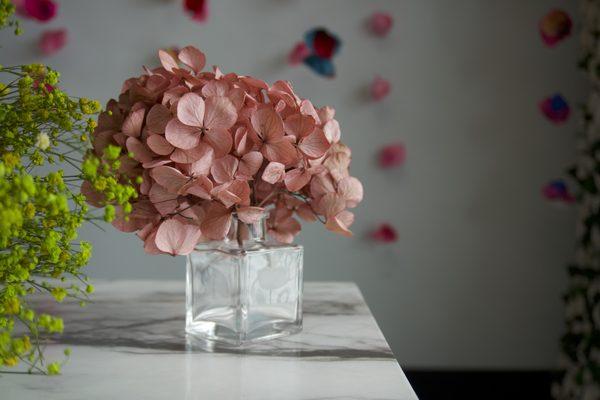 Raspberry red hydrangea branch with lime green baby's breath