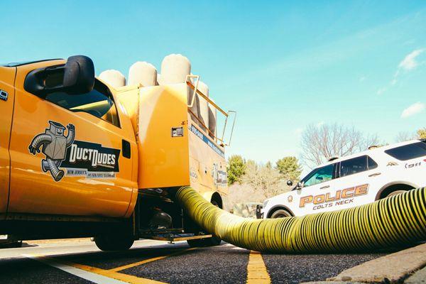 Our HEPA-Filtered, Truck-Mounted Vacuum in action at the Police Department in Colts Neck, NJ! Thank you to the boys and girls in blue!