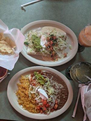 Happy Burritos with Peach Margarita (top) and Burrito Supreme with Border Margarita (bottom)