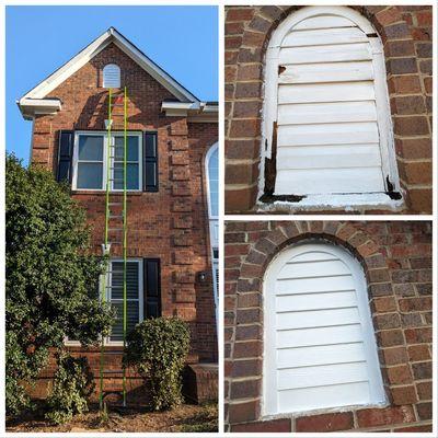 Wood Faux Gable Vent repaired/replaced with a newly fabricated faux vent with waterproof materials.