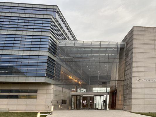 Main entry between Stone facade on the south & beautifully detailed curtainwall w/stone base on the north