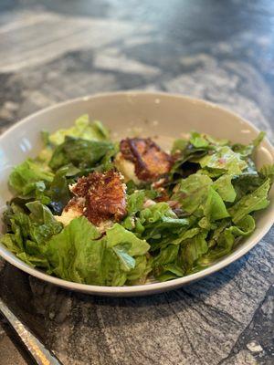 Fried goat cheese breaded with ground Marcona almonds with vinaigrette- we subbed red wine vinegar for sherry.