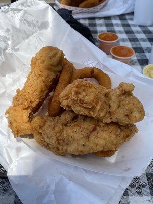 Chicken tenders and onion rings