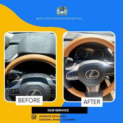 Before and After interior deep cleaning of steering wheel and dashboard.