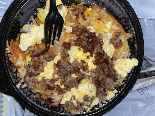 Sausage egg and cheese hashbrown bowl