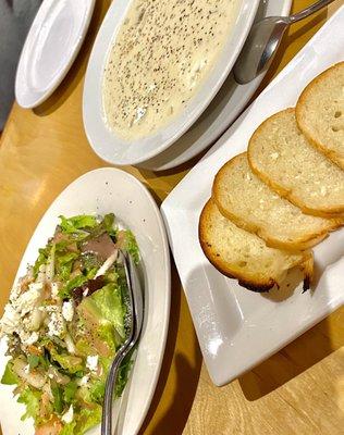 Half Casa Mia salad $11, glaring bread$4, bowl of clam chowder $8, all really delicious!