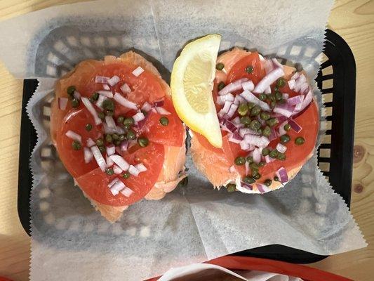 lox and dream cheese: fresh salmon, sliced tomatoes, red onions + capers = 10.95