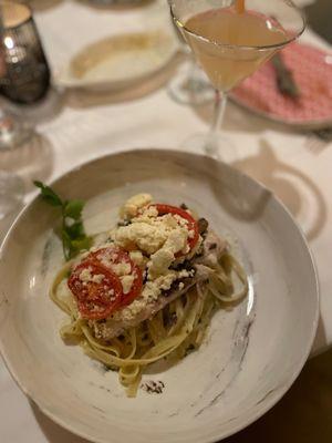 Mediterranean red snapper with a grapefruit martini. Both very good.