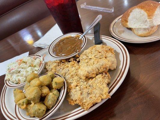 My chicken fried steak with the two sides along with substituted. brown gravy.   So good.