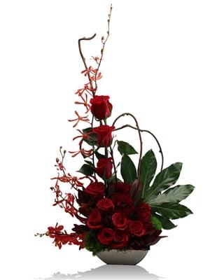 Red Tempo, Rubi Orchids and red roses, contemporary floral arrangement