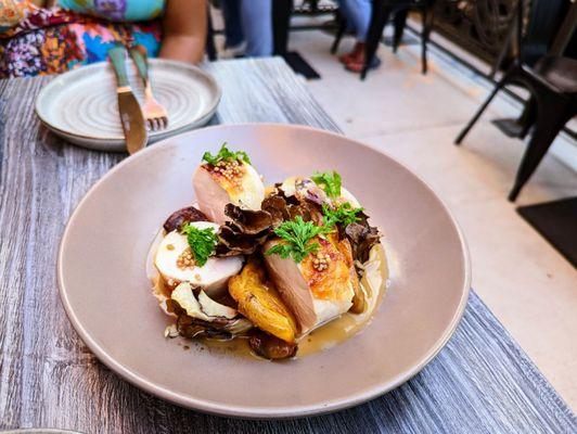 CHICKEN ROULADE - fire grilled maitake, fingerling potato, pickled mustard seeds. charred pearl onion, temon caper, soy butter, chervil