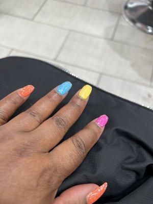 Nails by the best Nail Technician at Fairy Nails. He only does nails... Neon Nail Colors go with many spring/summer clothing...