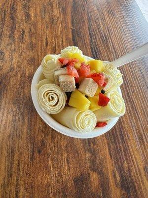 Mango Rolled ice cream with fresh fruit and cheese cake bites! Delicious!