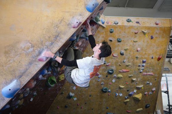 Bouldering on the 45 degree wall.