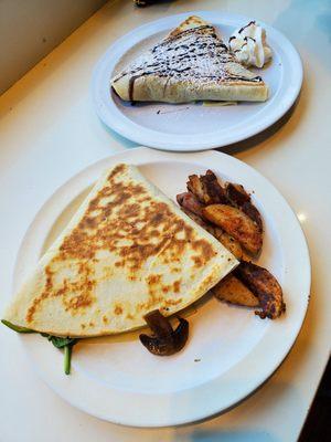 Strawberries and Nutella Crepe Mushroom, Tomato, Spinach and Cheese Crepe Breakfast(I asked for onions as well)