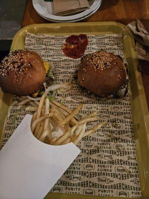 Large fries, cheeseburger, and a mushroom Swiss burger