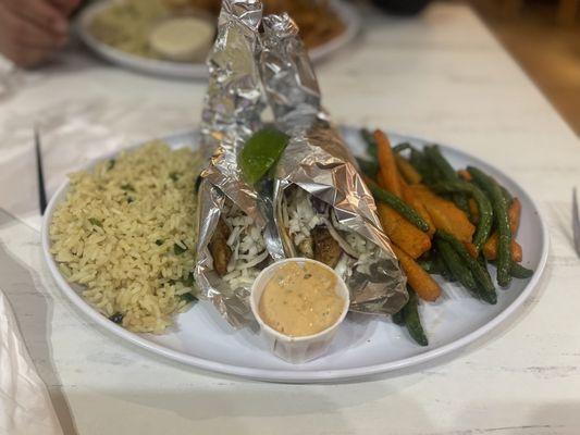 Fish Tacos, Rice and Veggies  Yum!