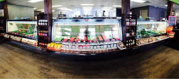 A panorama of the main butcher case.